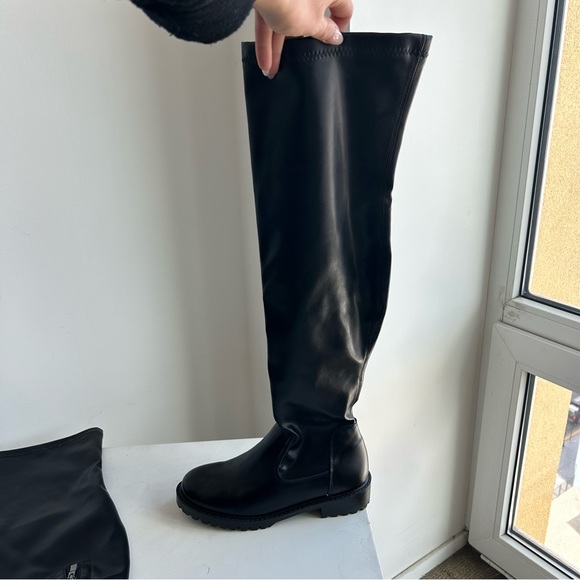 High rise black boots, "minimalist side zipper sock boots" - Picture 2 of 8